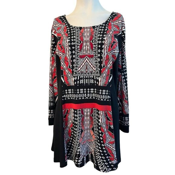 Style & Co Ladies XL Red Black Abstract Pullover Tunic 3/4 Sleeve Bling Flowy - Picture 1 of 5